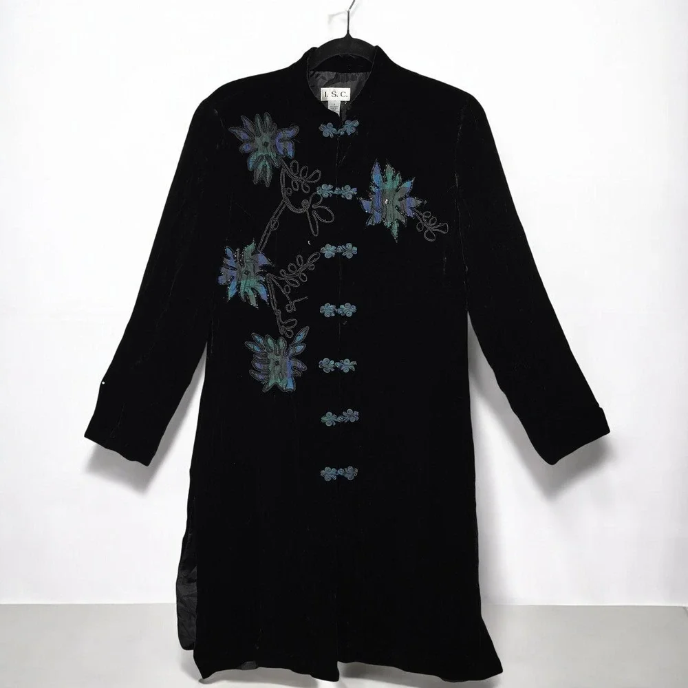 I S C Jacket Black Velvet 100% Silk Mandarin Collar Embroidered Floral Woman Sml